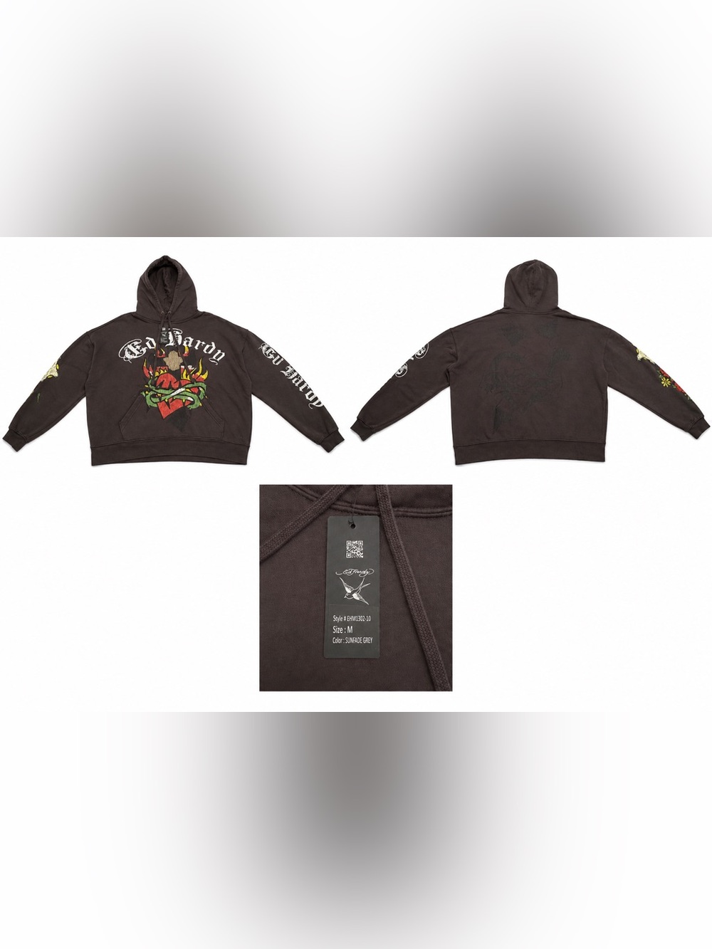Ed Hardy Heart Cross Hoodie Sunfade Grey Brown Size M NWT Y2K Tattoo Graphic